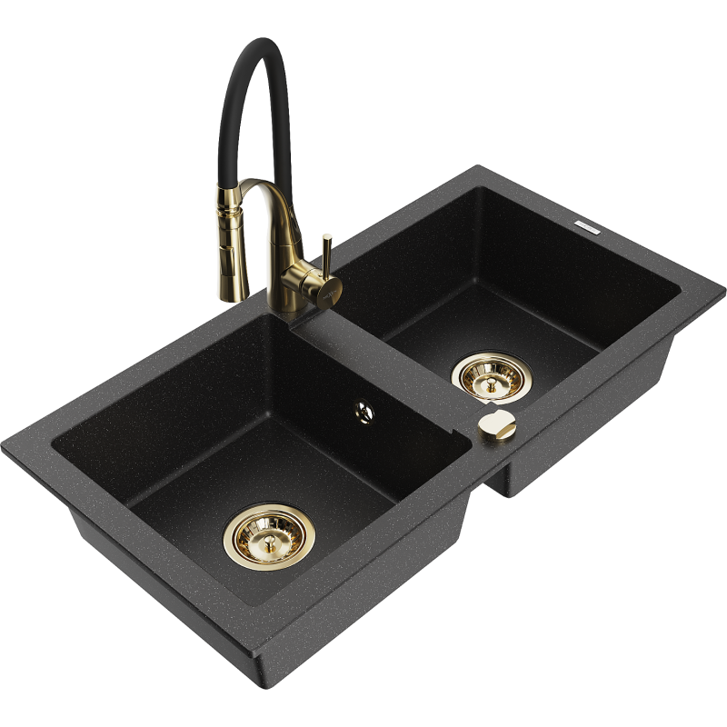 Mexen Mario Granitspüle 2-Kammer mit Küchenarmatur Aster, schwarz/silber metallic - 6504-73-73450-57-G