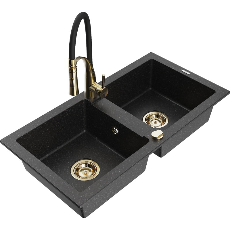 Mexen Mario Granitspüle mit 2 Becken und Küchenarmatur Aster, schwarz/silber metallic - 6504-73-73450-57-G