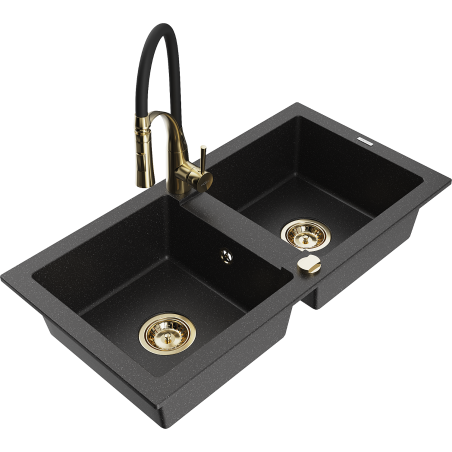 Mexen Mario Granitspüle 2-Kammer mit Küchenarmatur Aster, schwarz/silber metallic - 6504-73-73450-57-G