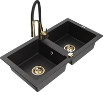 Mexen Mario Granitspüle 2-Kammer mit Küchenarmatur Aster, schwarz/silber metallic - 6504-73-73450-57-G