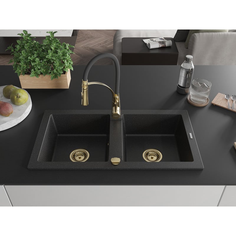 Mexen Mario Granitspüle 2-Kammer mit Küchenarmatur Aster, schwarz/silber metallic - 6504-73-73450-57-G