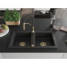 Mexen Mario Granitspüle mit 2 Becken und Küchenarmatur Aster, schwarz/silber metallic - 6504-73-73450-57-G