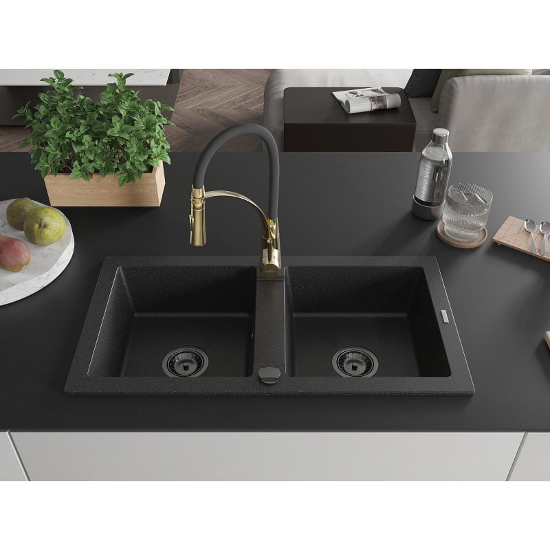 Mexen Mario Granitspüle 2-fach mit Küchenarmatur Aster, schwarz/silber metallic - 6504-73-73450-57-B
