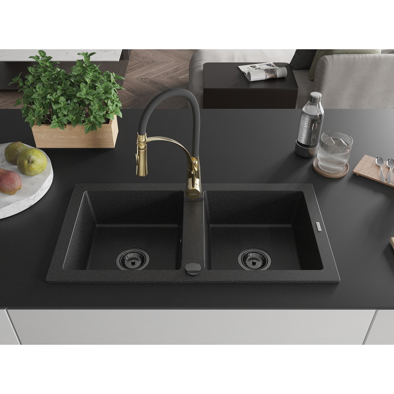 Mexen Mario Granitspüle mit 2 Becken und Küchenarmatur Aster, schwarz/silber metallic - 6504-73-73450-57-B
