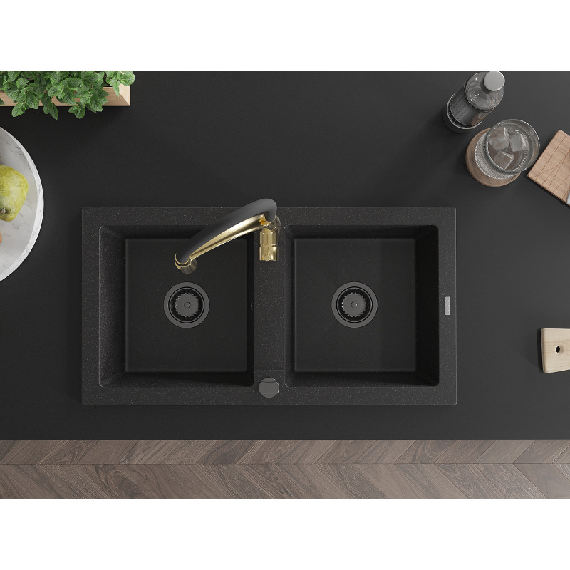 Mexen Mario Granitspüle 2-fach mit Küchenarmatur Aster, schwarz/silber metallic - 6504-73-73450-57-B
