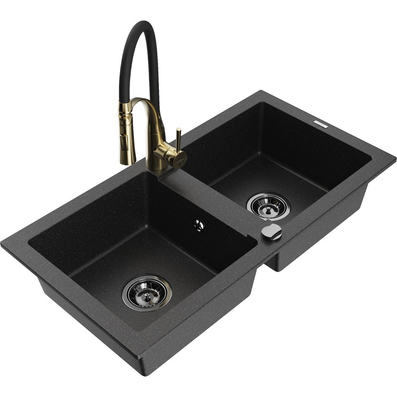 Mexen Mario Granitspüle mit 2 Becken und Küchenarmatur Aster, schwarz/silber metallic - 6504-73-73450-57-B
