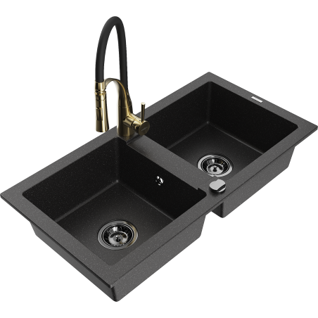 Mexen Mario Granitspüle mit 2 Becken und Küchenarmatur Aster, schwarz/silber metallic - 6504-73-73450-57-B
