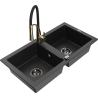 Mexen Mario Granitspüle mit 2 Becken und Küchenarmatur Aster, schwarz/silber metallic - 6504-73-73450-57-B