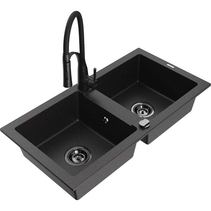 Mexen Mario Granitspüle 2-Kammern mit Küchenarmatur Aster, schwarz/silber metallic - 6504-73-73450-70-B