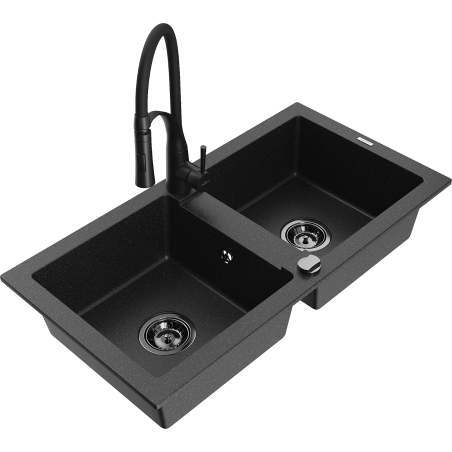 Mexen Mario Granitspüle 2-Kammern mit Küchenarmatur Aster, schwarz/silber metallic - 6504-73-73450-70-B