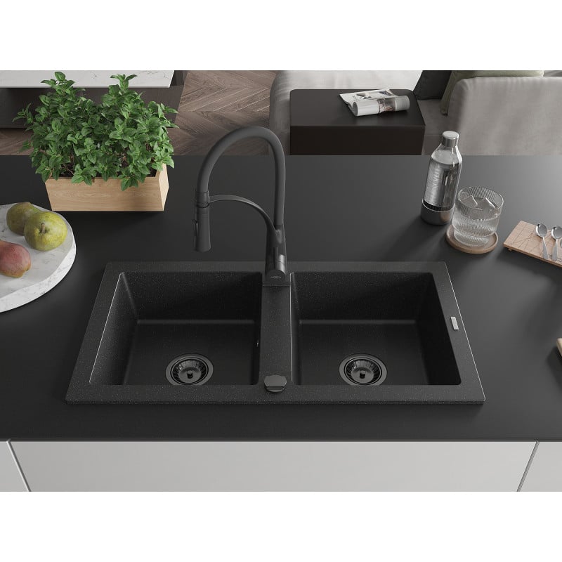Mexen Mario Granitspüle 2-Kammern mit Küchenarmatur Aster, schwarz/silber metallic - 6504-73-73450-70-B