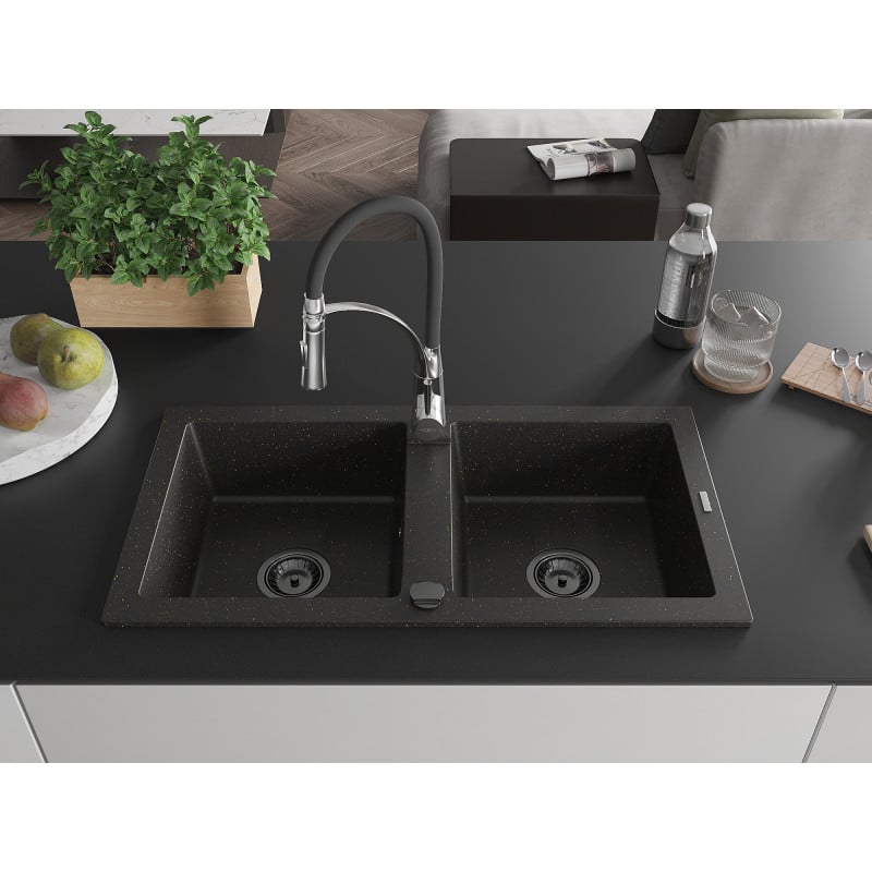 Mexen Mario Granitspüle 2-Kammer mit Küchenarmatur Aster, schwarz/gold metallic - 6504-75-73450-07-B