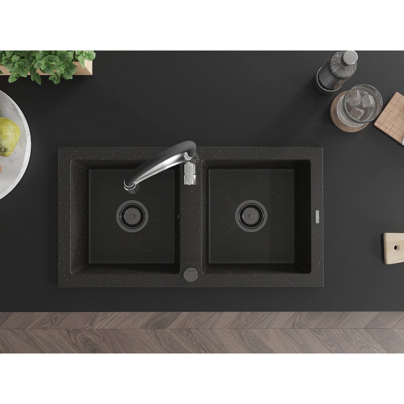 Mexen Mario Granitspüle 2-Kammer mit Küchenarmatur Aster, schwarz/gold metallic - 6504-75-73450-07-B