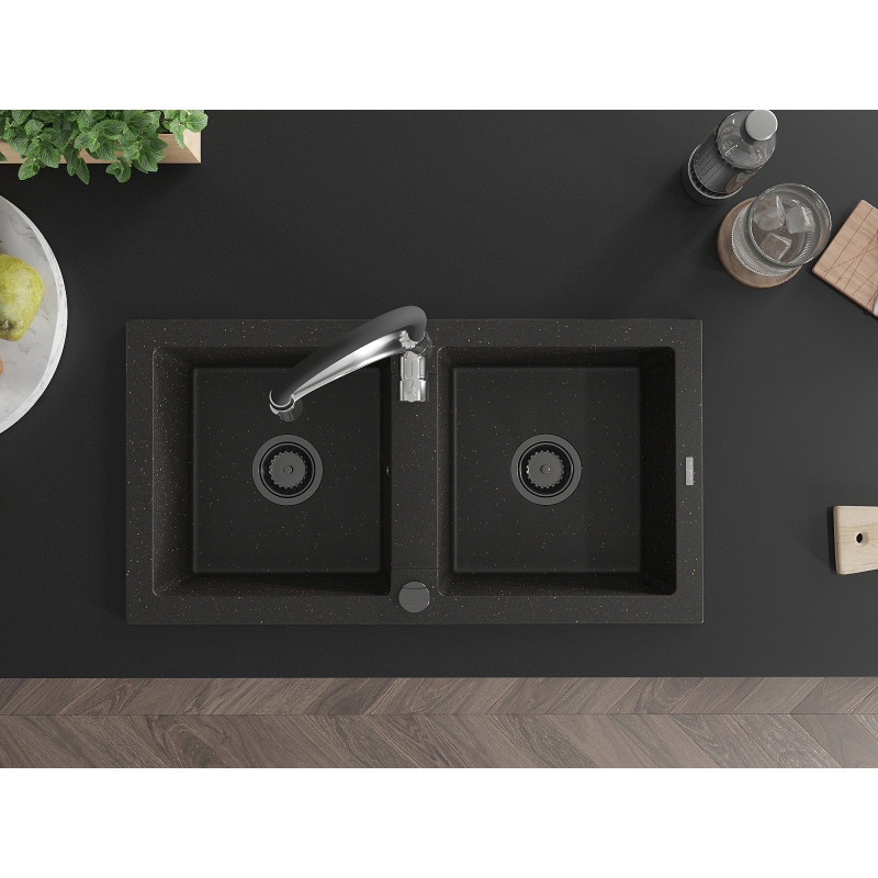 Mexen Mario Granitspüle 2-Kammern mit Küchenarmatur Aster, schwarz/gold metallic - 6504-75-73450-07-B