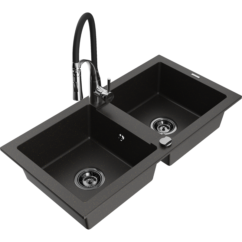 Mexen Mario Granitspüle 2-Kammer mit Küchenarmatur Aster, schwarz/gold metallic - 6504-75-73450-07-B