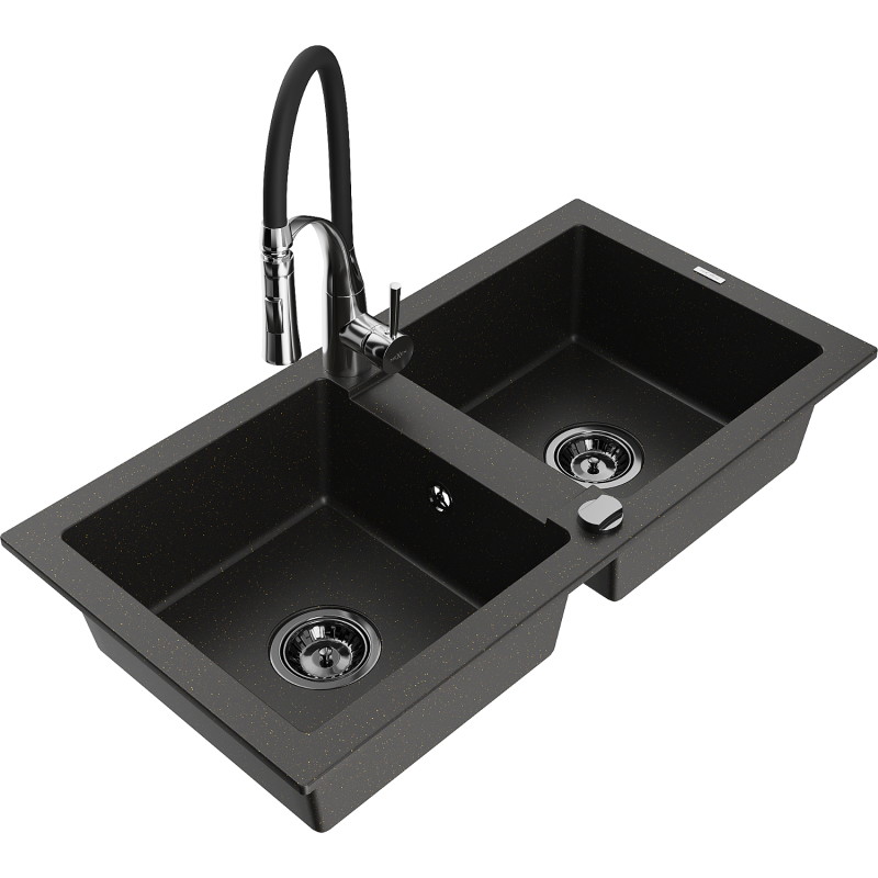 Mexen Mario Granitspüle 2-Kammern mit Küchenarmatur Aster, schwarz/gold metallic - 6504-75-73450-07-B