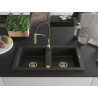Mexen Mario Granitspüle mit 2 Becken und Küchenarmatur Aster, schwarz/gold-metallisch - 6504-75-73450-57-G
