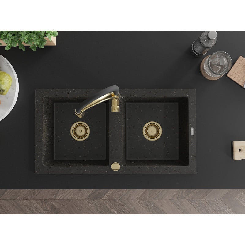 Mexen Mario Granitspüle 2-Kammer mit Küchenarmatur Aster, Schwarz/Gold Metallic - 6504-75-73450-57-G