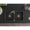 Mexen Mario Granitspüle 2-Kammer mit Küchenarmatur Aster, Schwarz/Gold Metallic - 6504-75-73450-57-G