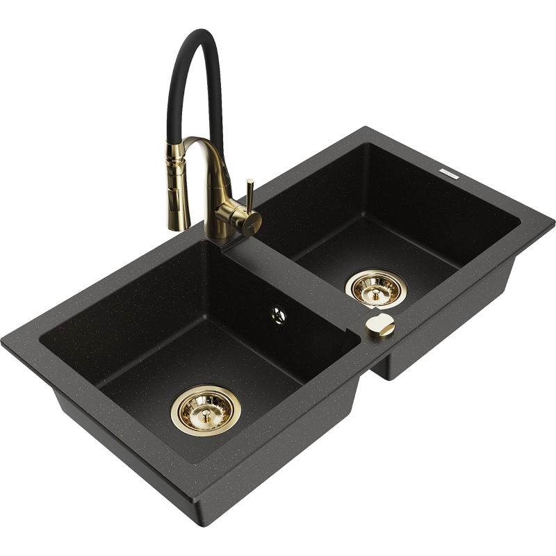 Mexen Mario Granitspüle 2-Kammer mit Küchenarmatur Aster, Schwarz/Gold Metallic - 6504-75-73450-57-G