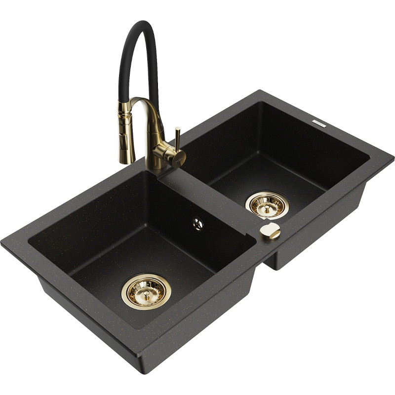Mexen Mario Granitspüle 2-Kammern mit Küchenarmatur Aster, schwarz/gold metallic - 6504-75-73450-57-G