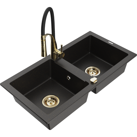 Mexen Mario Granitspüle 2-Kammer mit Küchenarmatur Aster, Schwarz/Gold Metallic - 6504-75-73450-57-G