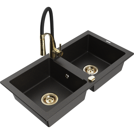 Mexen Mario Granitspüle 2-Kammern mit Küchenarmatur Aster, schwarz/gold metallic - 6504-75-73450-57-G