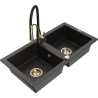 Mexen Mario Granitspüle 2-Kammer mit Küchenarmatur Aster, Schwarz/Gold Metallic - 6504-75-73450-57-G