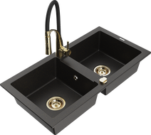 Mexen Mario Granitspüle 2-Kammer mit Küchenarmatur Aster, Schwarz/Gold Metallic - 6504-75-73450-57-G