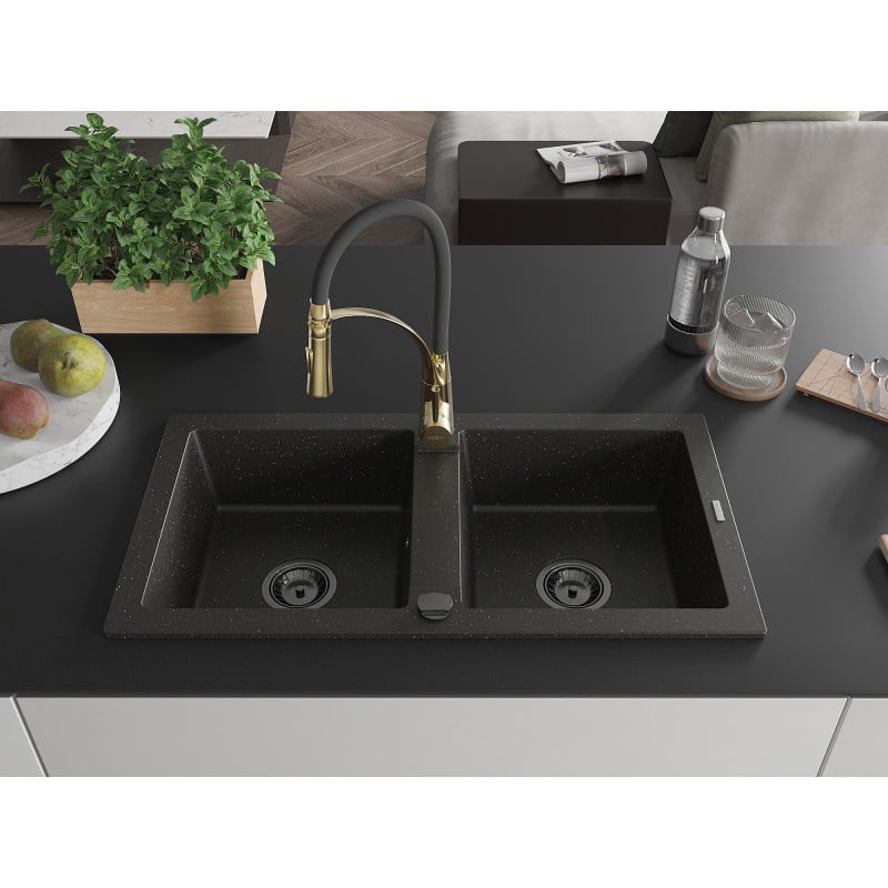 Mexen Mario Granitspüle 2-Kammer mit Küchenarmatur Aster, schwarz/gold metallisch - 6504-75-73450-57-B