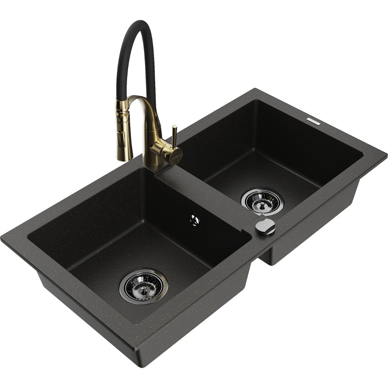 Mexen Mario Granitspüle mit 2 Becken und Küchenarmatur Aster, schwarz/gold metallic - 6504-75-73450-57-B