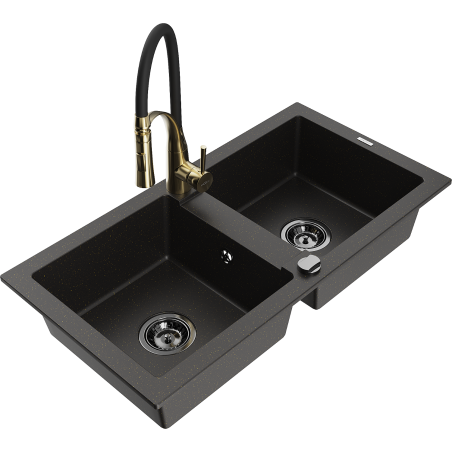 Mexen Mario Granitspüle mit 2 Becken und Küchenarmatur Aster, schwarz/gold metallic - 6504-75-73450-57-B