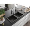 Mexen Mario Granitspüle 2-Becken mit Küchenarmatur Aster, schwarz/gold metallic - 6504-75-73450-70-B
