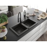 Mexen Mario Granitspüle 2-Kammern mit Küchenarmatur Aster, schwarz/gold metallic - 6504-75-73450-70-B