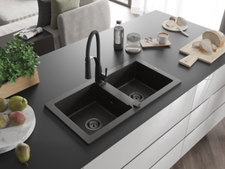 Mexen Mario Granitspüle 2-Becken mit Küchenarmatur Aster, schwarz/gold metallic - 6504-75-73450-70-B