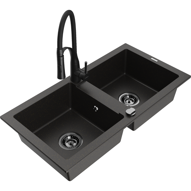 Mexen Mario Granitspüle 2-Becken mit Küchenarmatur Aster, schwarz/gold metallic - 6504-75-73450-70-B