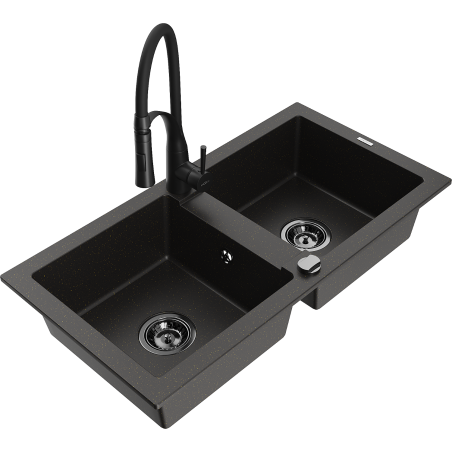Mexen Mario Granitspüle 2-Becken mit Küchenarmatur Aster, schwarz/gold metallic - 6504-75-73450-70-B