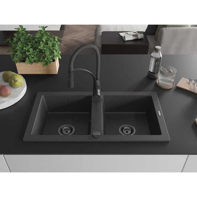 Mexen Mario Granitspüle 2-Becken mit Küchenarmatur Aster, schwarz gesprenkelt - 6504-76-73450-70-B