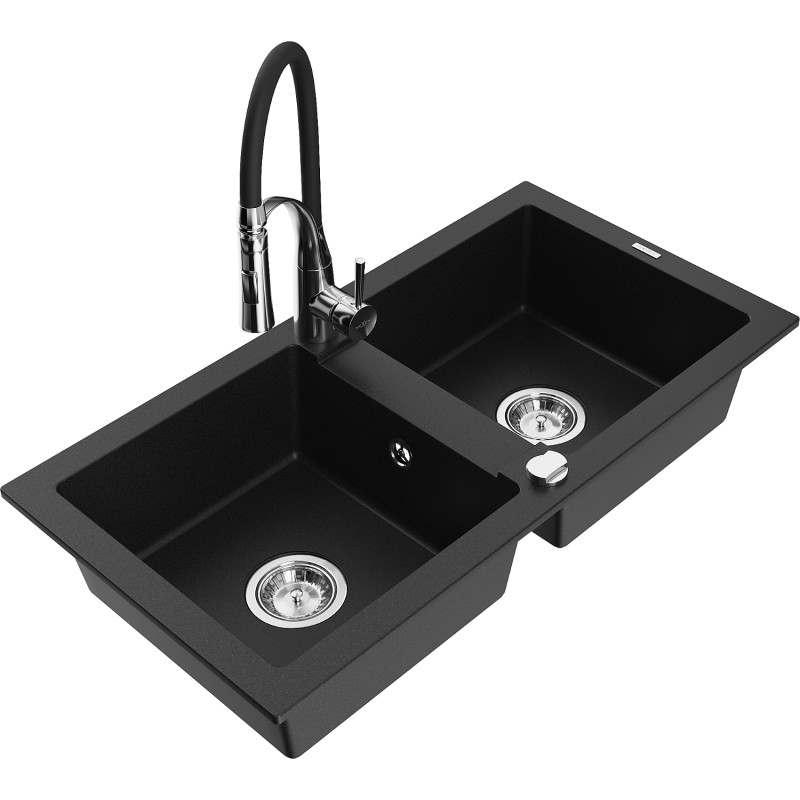 Mexen Mario granitspüle 2-becken mit Küchenarmatur Aster, schwarz - 6504-77-73450-07