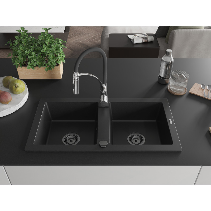 Mexen Mario Granitspüle 2-Kammer mit Küchenarmatur Aster, schwarz - 6504-77-73450-07-B