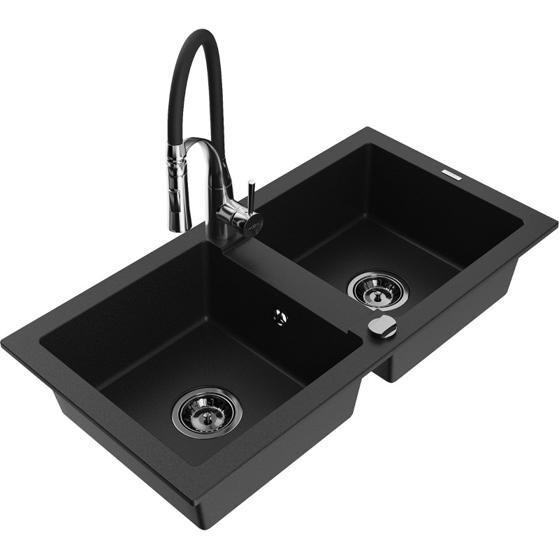 Mexen Mario granitspüle 2-fach mit küchenarmatur Aster, schwarz - 6504-77-73450-07-B