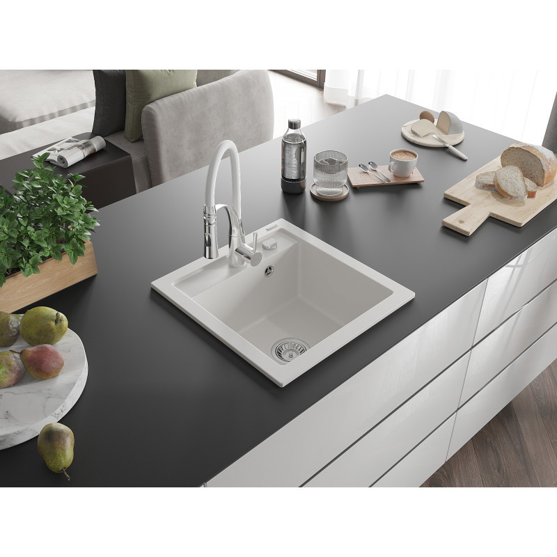Mexen Vito Granitspüle 1-Kammer mit Küchenarmatur Aster, Weiß - 6503-20-73450-02