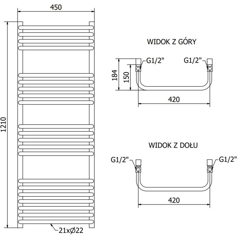 Mexen Apollo Badezimmerheizkörper 1210 x 450 mm, 566 W, schwarz - W117-1210-450-00-70