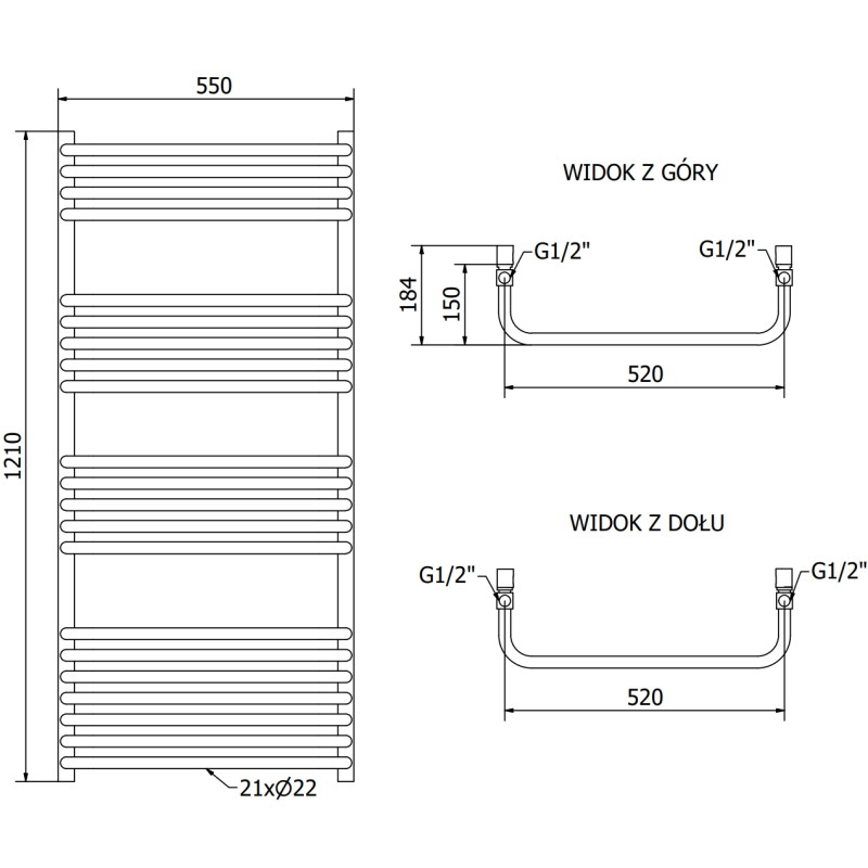 Mexen Apollo Badezimmerheizung 1210 x 550 mm, 641 W, schwarz - W117-1210-550-00-70