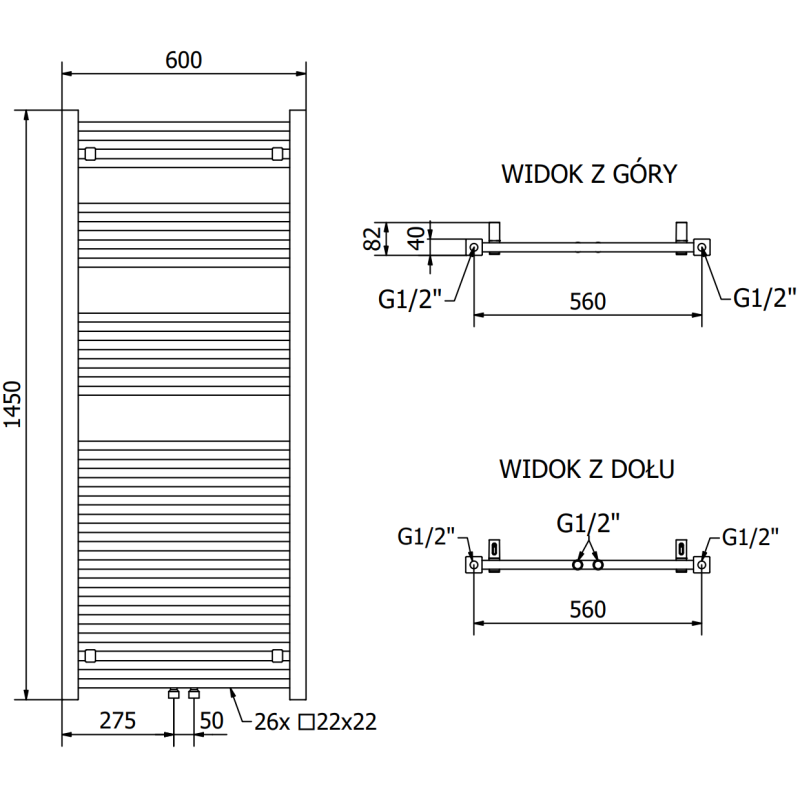 Mexen Pluton Badezimmerheizkörper 1450 x 600 mm, 835 W, schwarz - W106-1450-600-00-70