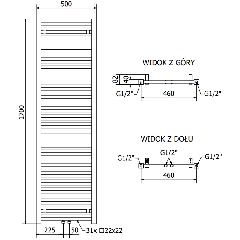 Mexen Pluton Badezimmerheizkörper 1700 x 500 mm, 855 W, schwarz - W106-1700-500-00-70
