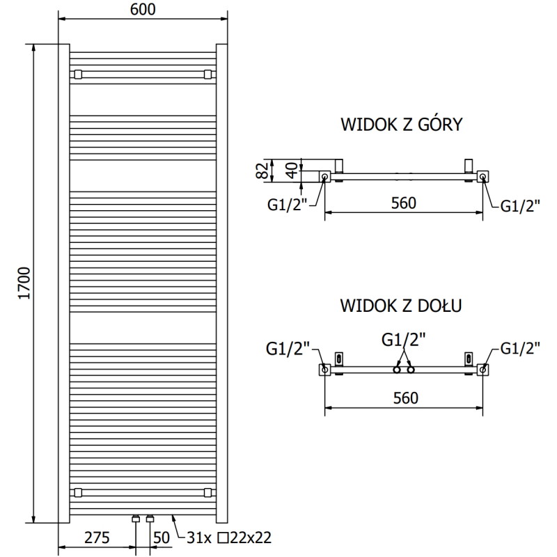 Mexen Pluton Badezimmerheizkörper 1700 x 600 mm, 991 W, schwarz - W106-1700-600-00-70