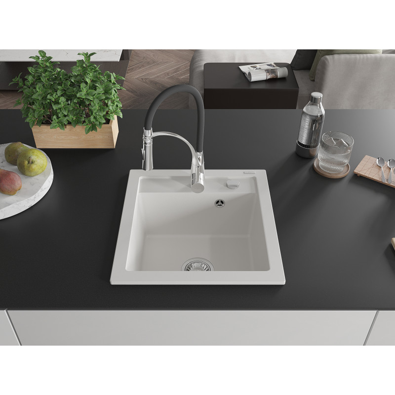 Mexen Vito Granitspüle 1-Becken mit Küchenarmatur Aster, weiß - 6503-20-73450-07