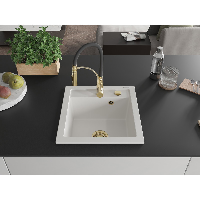 Mexen Vito Granitspüle 1-Becken mit Küchenarmatur Aster, weiß - 6503-20-73450-57-G