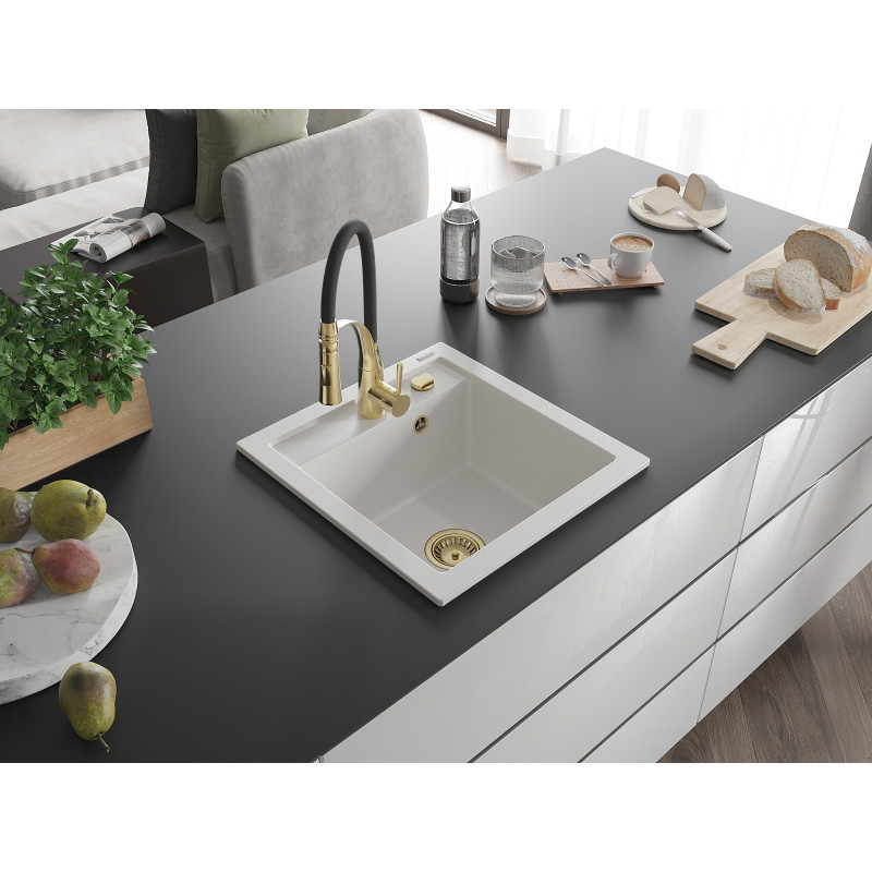 Mexen Vito Einbauspüle Granitspüle 1-Becken mit Küchenarmatur Aster, weiß - 6503-20-73450-57-G
